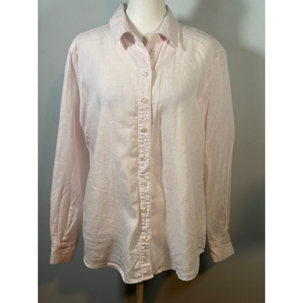 Lord & Taylor Petite 100% Linen Button Down Shirt Light Pink Long Sleeve